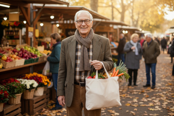 old person happy at the market